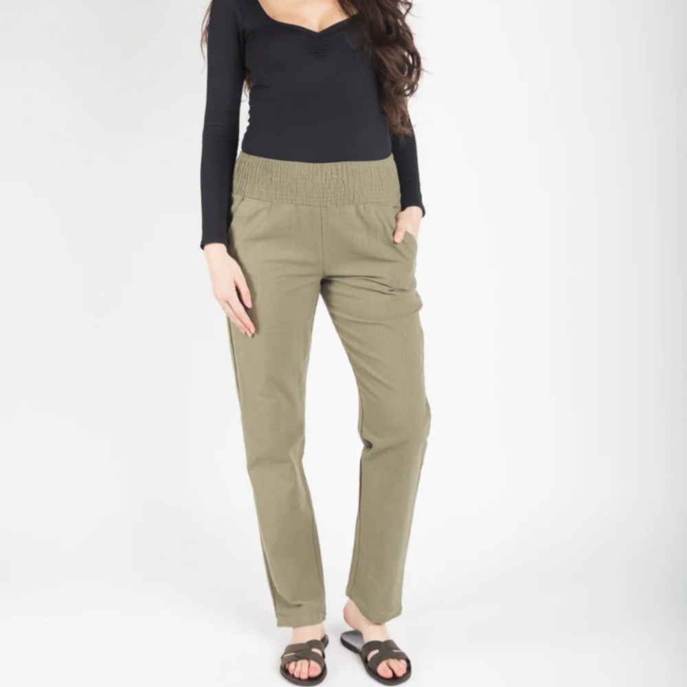 Emme Maternity Smocked Linen Pant - Extended 34" Inseam - Olive - Medium